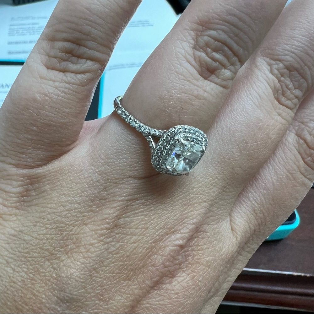 Tiffany & Co. Soleste Cushion-Cut  Double Halo Ring w/ a Diamond Platinum Band - Picture 6 of 14